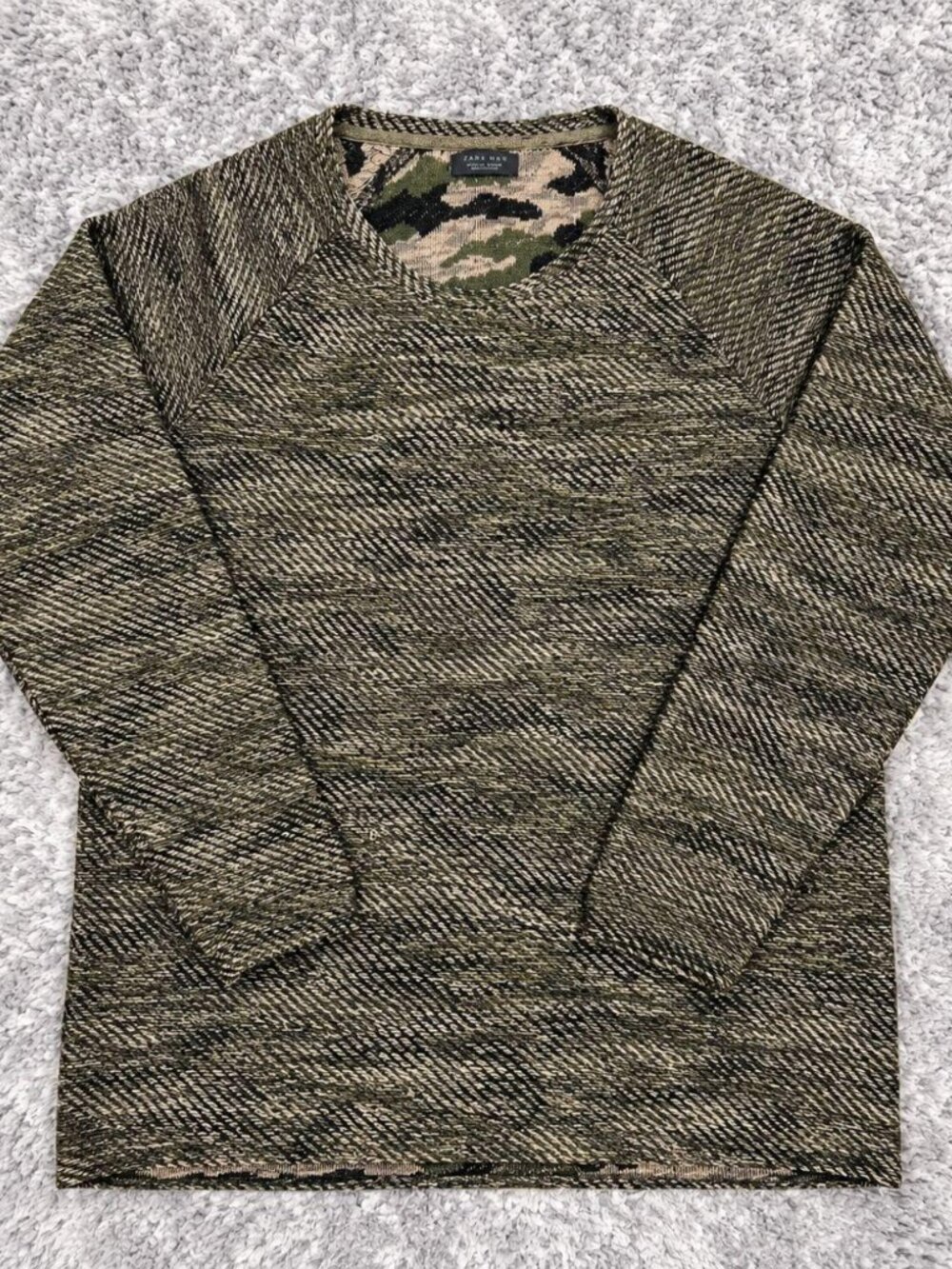 Zara Man Camo Knit Crewneck Sweater Olive Green Streetwear